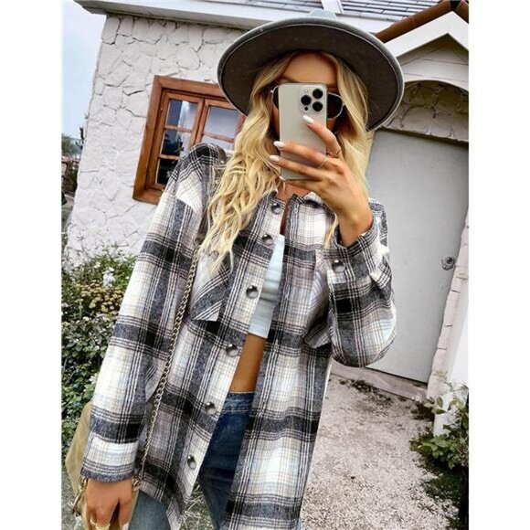 Jackets & Blazers - Navy Plaid Printed Flannel Button Up Shacket Jacket Coat Thick Long Sleeve Top